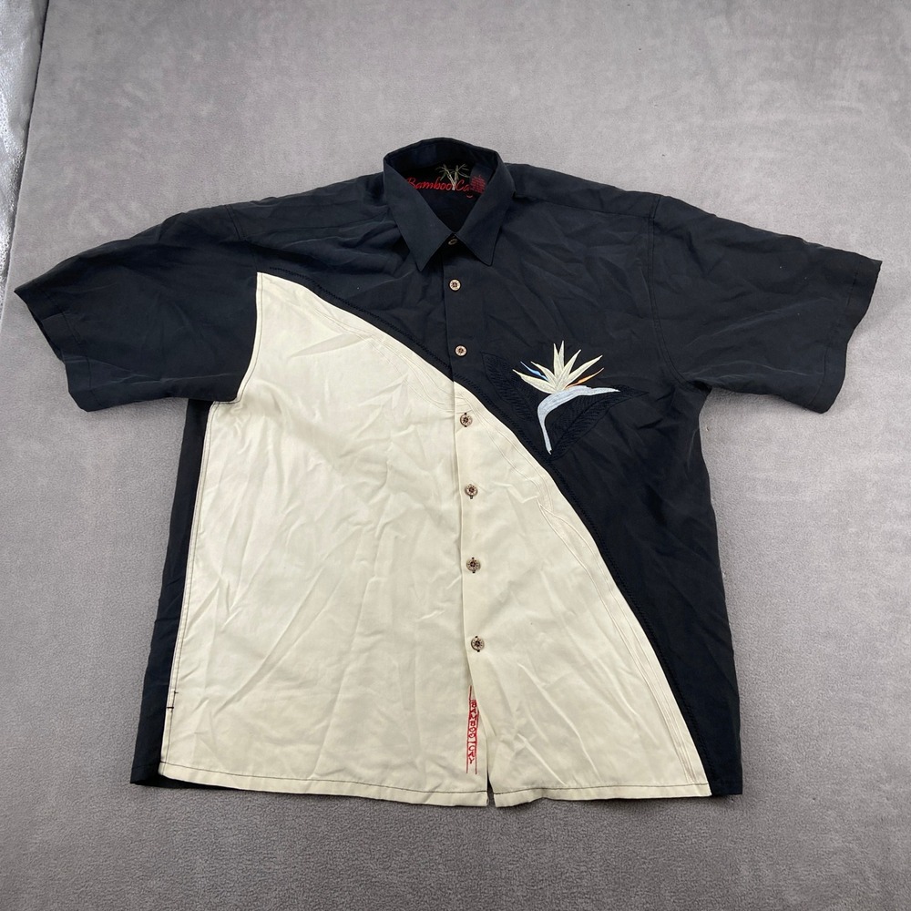 Bamboo Cay Mens Large Bird of Paradise Embroidered Button Up Shirt Black Cream